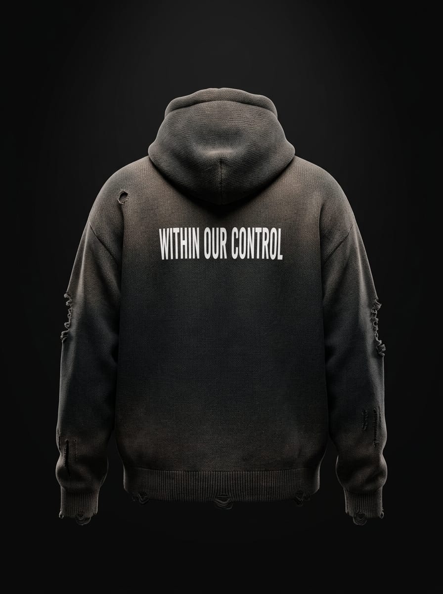 "Within Our Control" Distressed Zip-Up — Back View