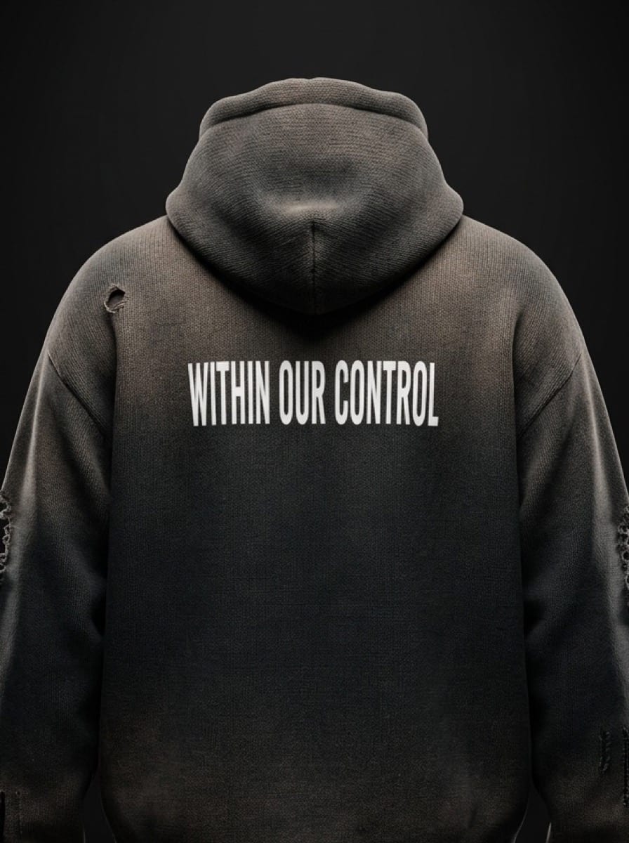 "Within Our Control" Distressed Zip-Up — Detail View